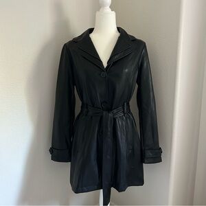 Kenneth Cole Trench Coat Black Women’s Size L Belt Faux Leather Jacket Old Money